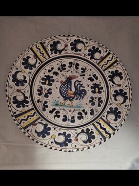 Hand-Painted Rooster Decorative Ceramic Plate in White and Blue Made In Italy